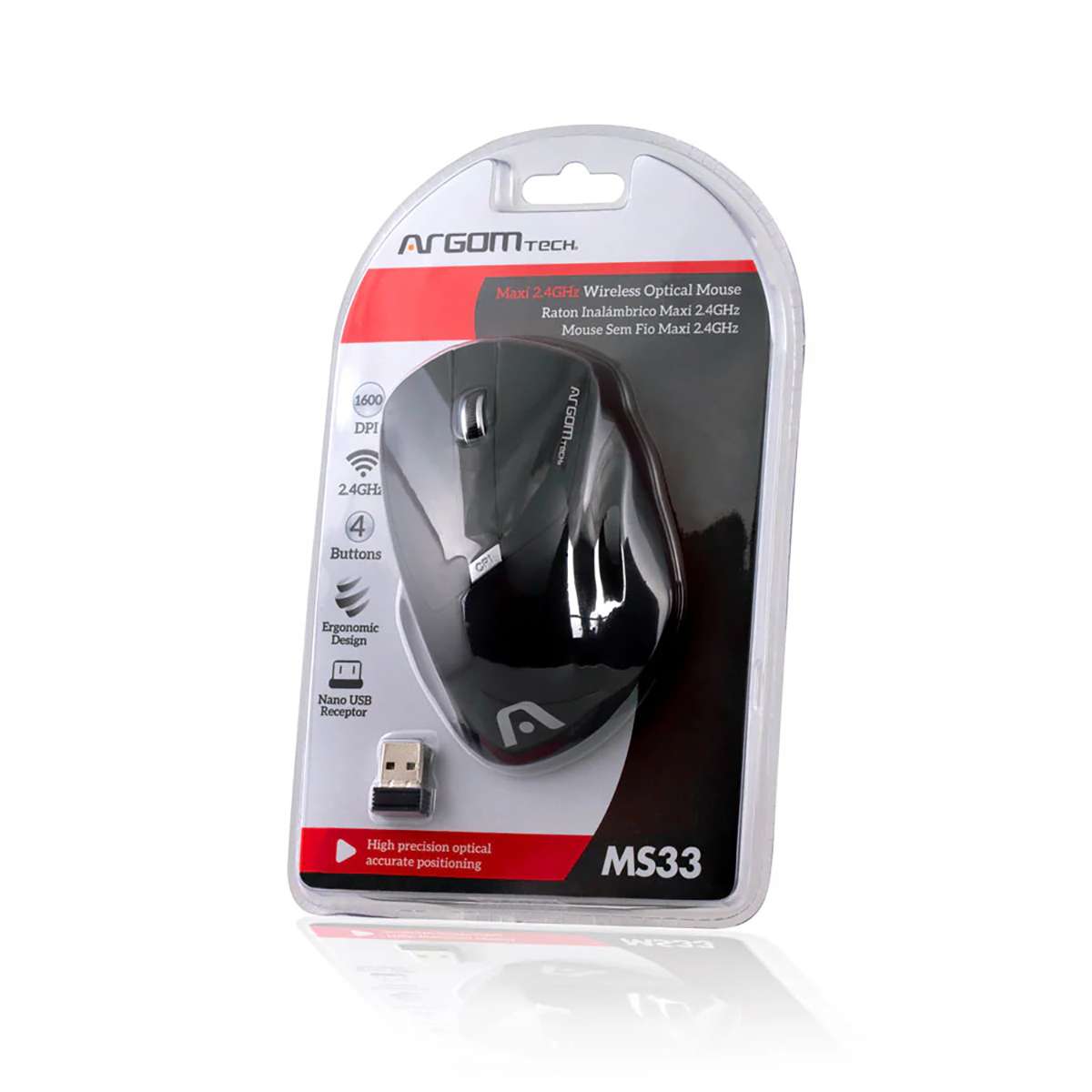 Mouse Wireless Argomtech Maxi MS33 2.4 GHz 4 Botones Negro